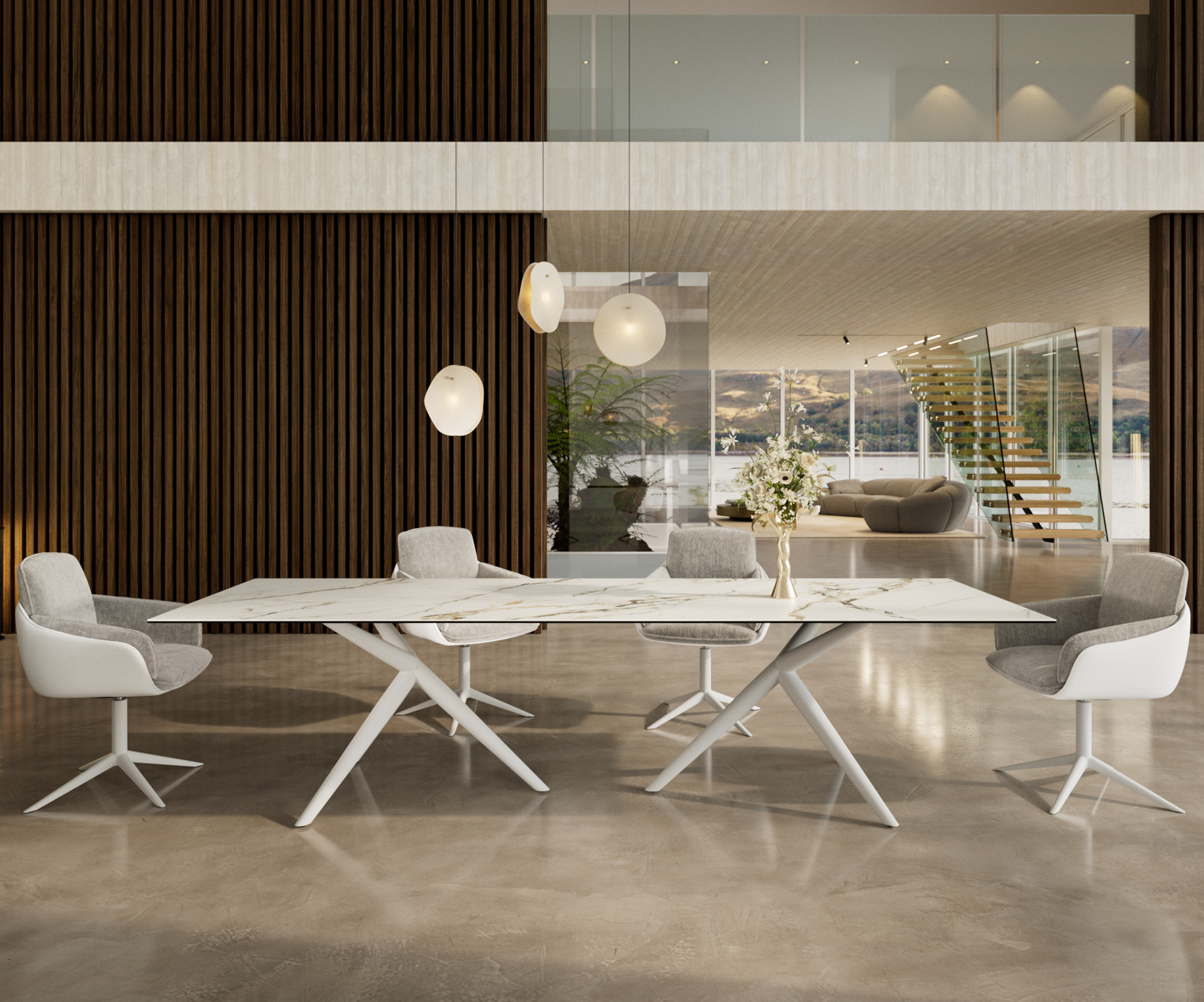 Étkezőasztal Edge 300x100 cm kerámia calacatta luxe fehér arany szürke Estelar kerek fém fehér