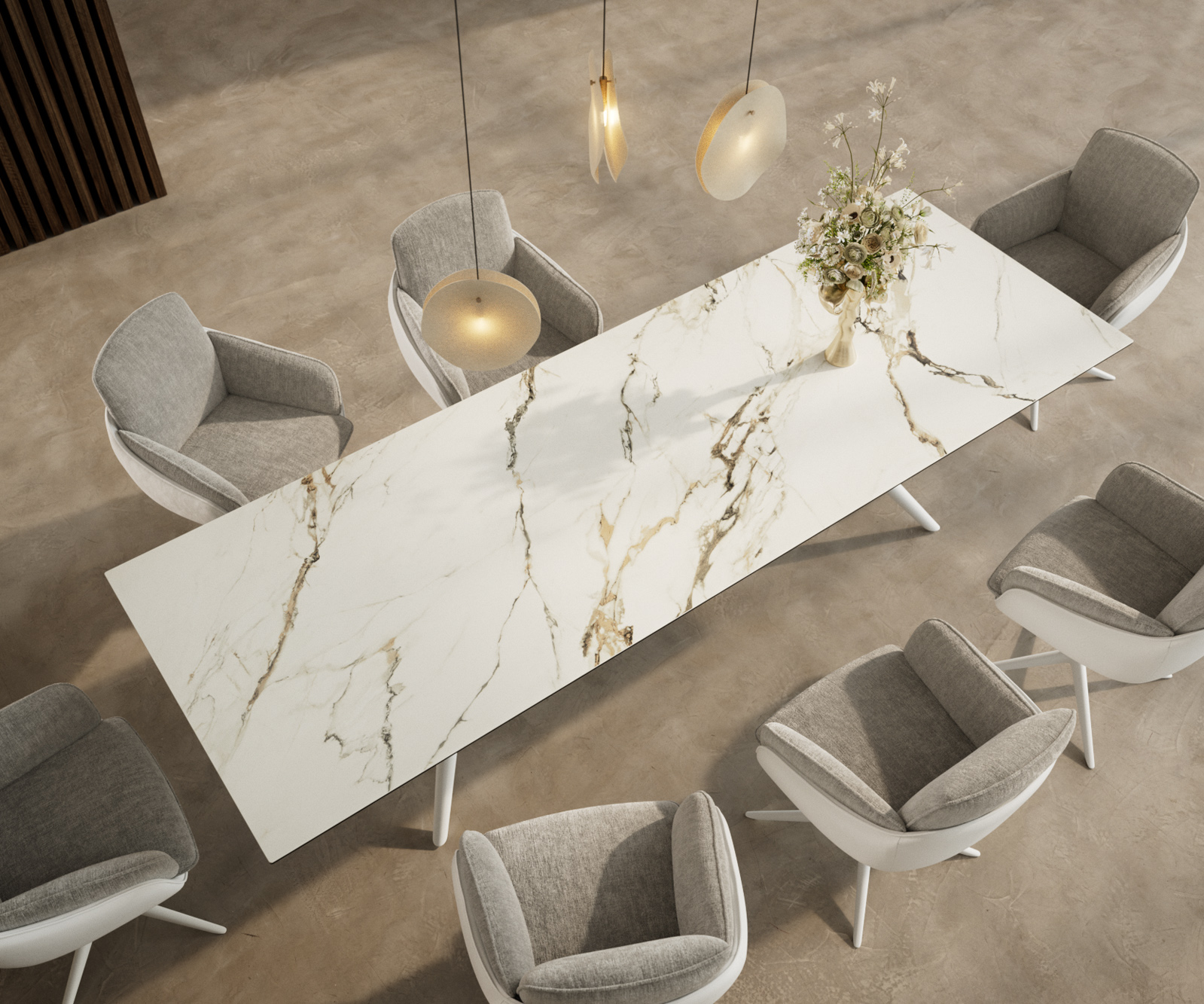 Étkezőasztal Edge 300x100 cm kerámia calacatta luxe fehér arany szürke Estelar kerek fém fehér - Image 4