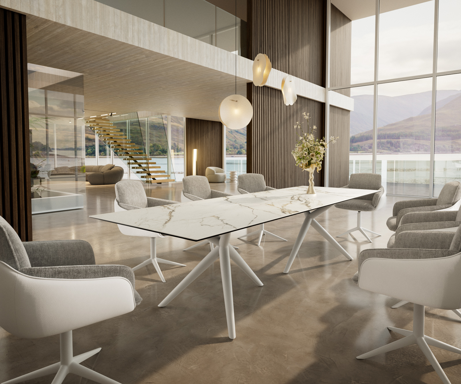 Étkezőasztal Edge 300x100 cm kerámia calacatta luxe fehér arany szürke Estelar kerek fém fehér - Image 6