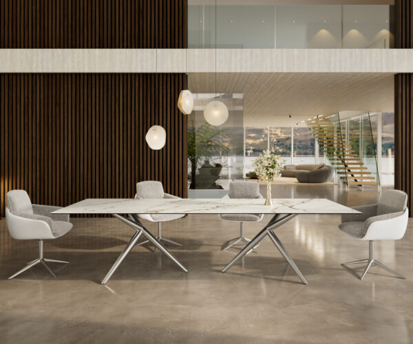 Étkezőasztal Edge 300x100 kerámia Calacatta Luxe fehér arany szürke Estelar kerek rozsdamentes acél