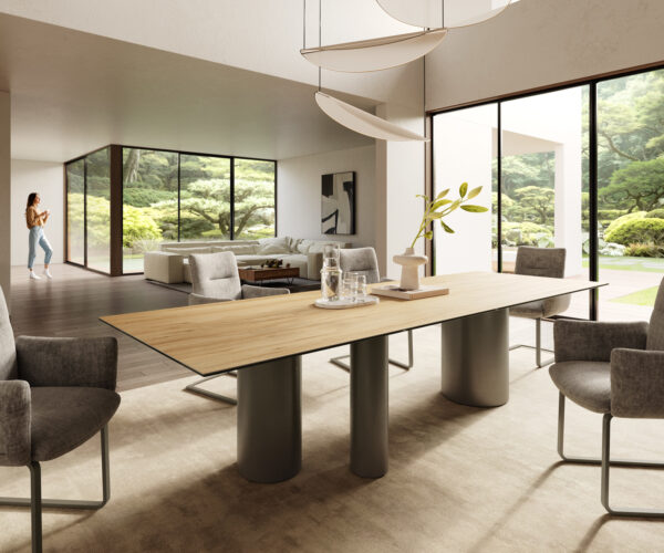 Étkezőasztal Edge 300x100 kerámia Laminam® Sabbia tölgyszínű Troa fém effekt felület titán