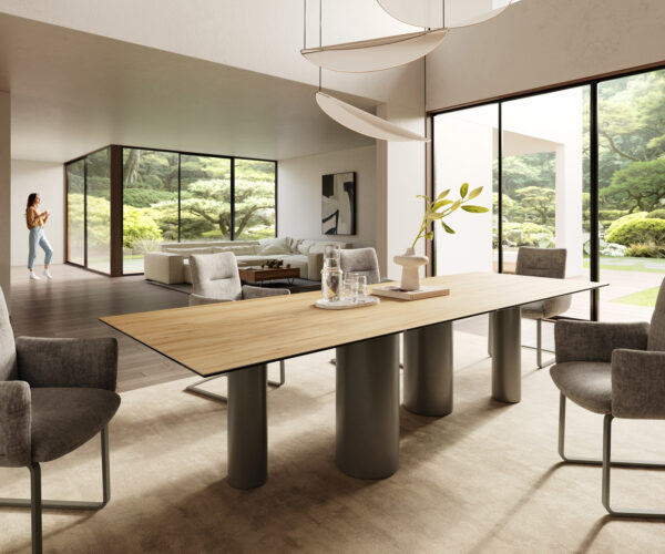 Étkezőasztal Edge 300x100 kerámia Laminam® Sabbia tölgyszínű Pilier fém titán effekt felület