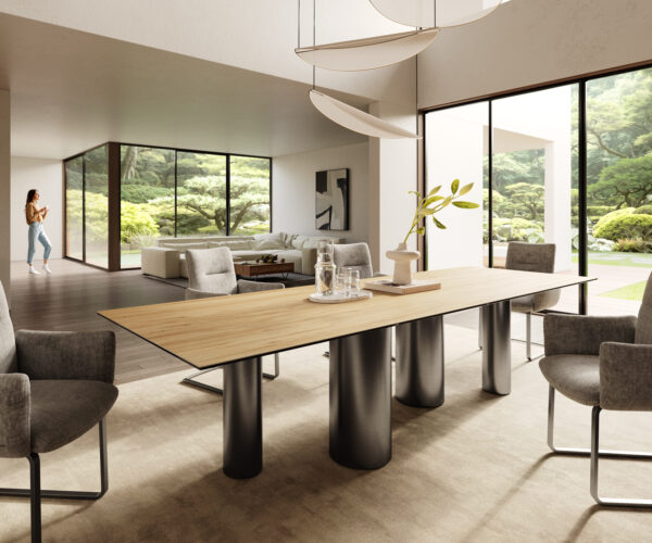 Étkezőasztal Edge 300x100 kerámia Laminam® Sabbia tölgyszínű pilier rozsdamentes acél grafit