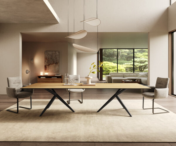 Étkezőasztal Edge 300x100 kerámia Laminam® Sabbia tölgyszínű Estelar kerek fém fekete