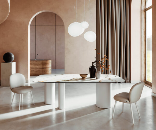 Étkezőasztal Edge hajóformájú 240x120 cm Calacatta Luxe kerámia fehér arany szürke Troa fém fehér