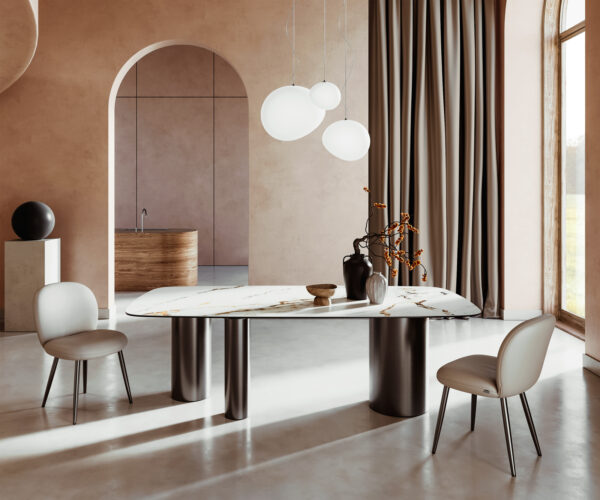 Étkezőasztal Edge hajóformájú 240x120 cm kerámia Calacatta Luxe fehér arany szürke Troa rozsdamentes acél grafit