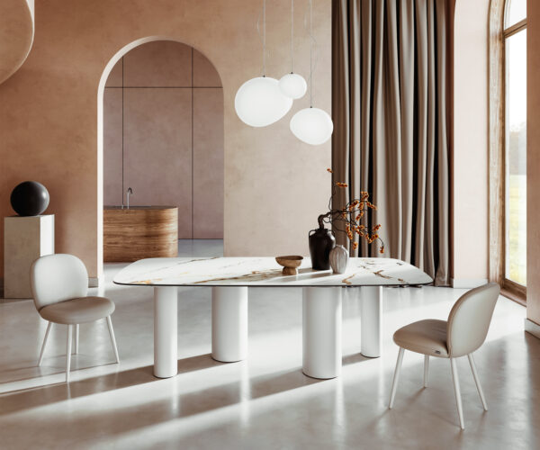 Étkezőasztal Edge hajóformájú 240x120 cm kerámia Calacatta Luxe fehér arany szürke fém láb fehér