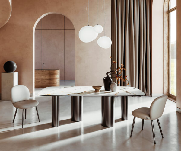 Étkezőasztal Edge hajóformájú 240x120 cm kerámia Calacatta Luxe fehér arany szürke oszlop rozsdamentes acél grafit