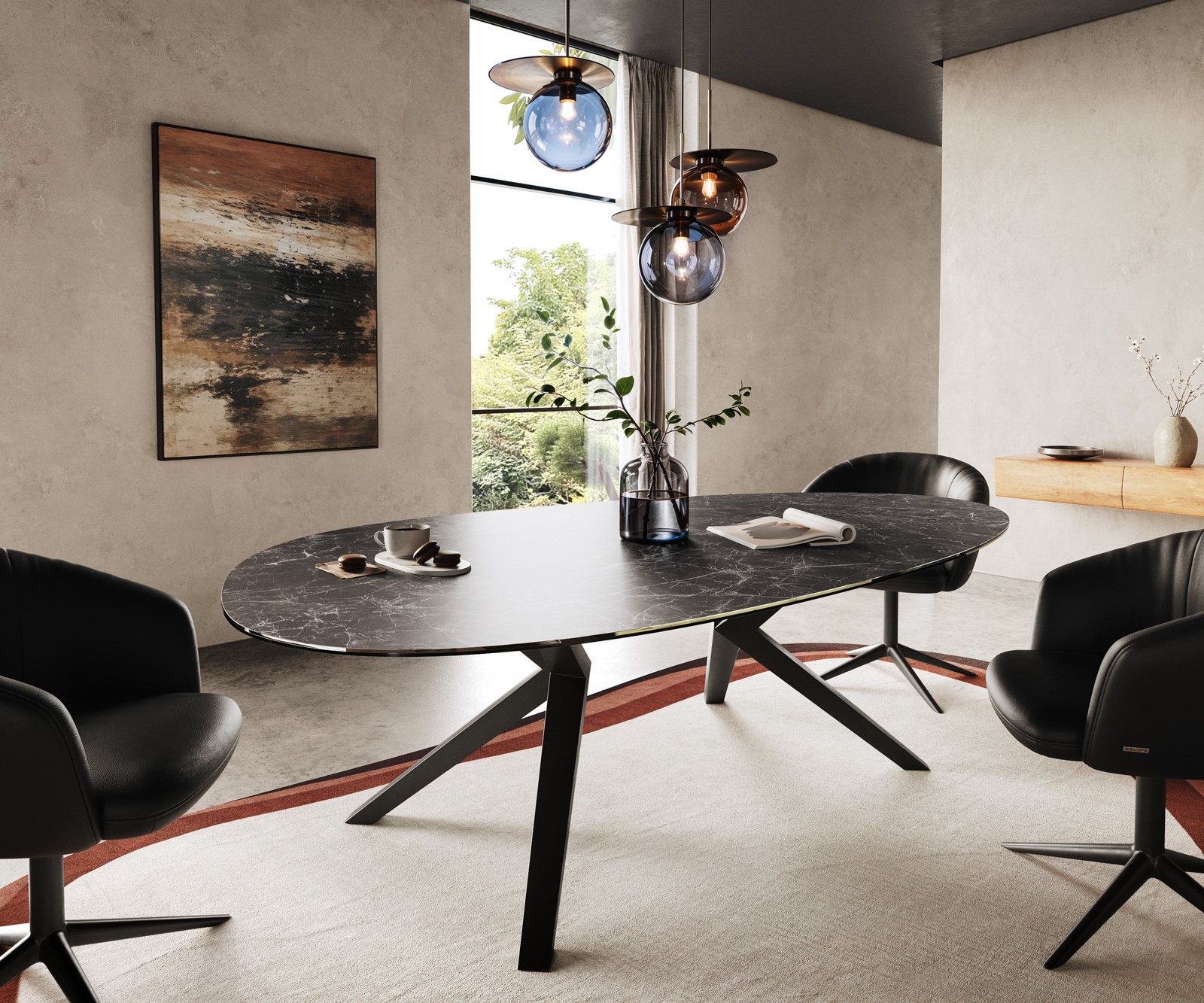 Étkezőasztal Edge ovális 220x120 kerámia Laminam® Nero Greco antracit Zenthara szögletes fém fekete