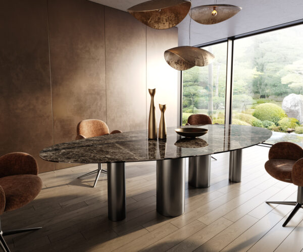 Étkezőasztal Edge ovális 315x150 kerámia Laminam®Emperador extra fényes sötétbarna rozsdamentes acél láb grafit