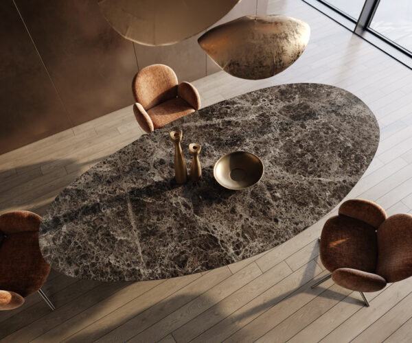 Étkezőasztal Edge ovális 315x150 kerámia Laminam®Emperador extra fényes sötétbarna rozsdamentes acél láb grafit - Image 4