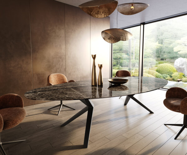Étkezőasztal Edge ovális 315x150 kerámia Laminam® Emperador Extra Lucidato sötétbarna Zenthara szögletes fém fekete