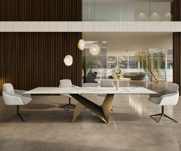 Étkezőasztal Edge 300x100 kerámia Calacatta Luxe fehér arany szürke Origami metál arany