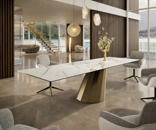 Étkezőasztal Edge 300x100 kerámia Calacatta Luxe fehér arany szürke parabolikus metál arany - Image 2