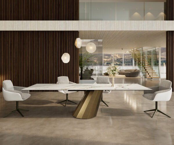 Étkezőasztal Edge 300x100 kerámia Calacatta Luxe fehér arany szürke parabolikus metál arany