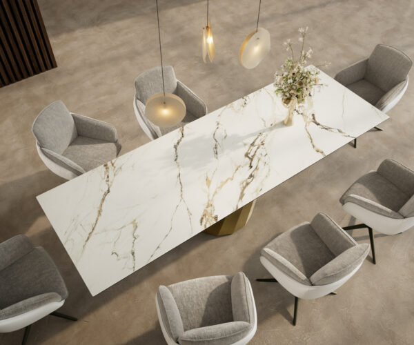 Étkezőasztal Edge 300x100 kerámia Calacatta Luxe fehér arany szürke parabolikus metál arany - Image 4