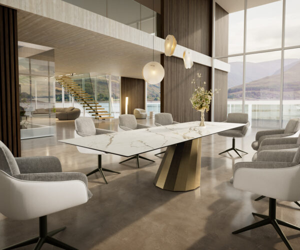 Étkezőasztal Edge 300x100 kerámia Calacatta Luxe fehér arany szürke parabolikus metál arany - Image 7
