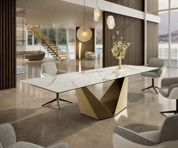 Étkezőasztal Edge 300x100 cm kerámia Calacatta Luxe fehér arany szürke Prisma metál arany - Image 2