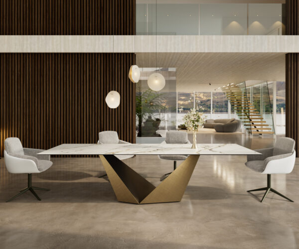 Étkezőasztal Edge 300x100 cm kerámia Calacatta Luxe fehér arany szürke Prisma metál arany