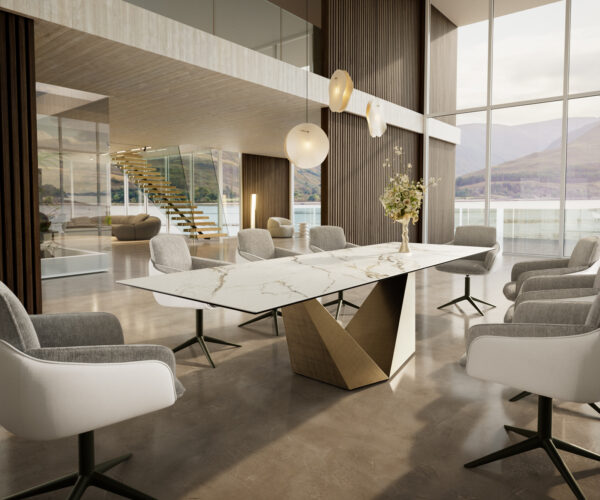 Étkezőasztal Edge 300x100 cm kerámia Calacatta Luxe fehér arany szürke Prisma metál arany - Image 7