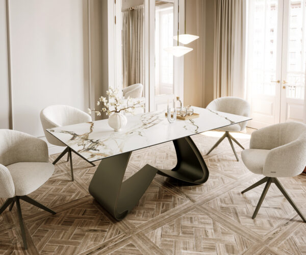 Étkezőasztal Edge hajóformájú 200x100 cm kerámia Calacatta Luxe fehér arany szürke W alakú fém láb titán effekt felület