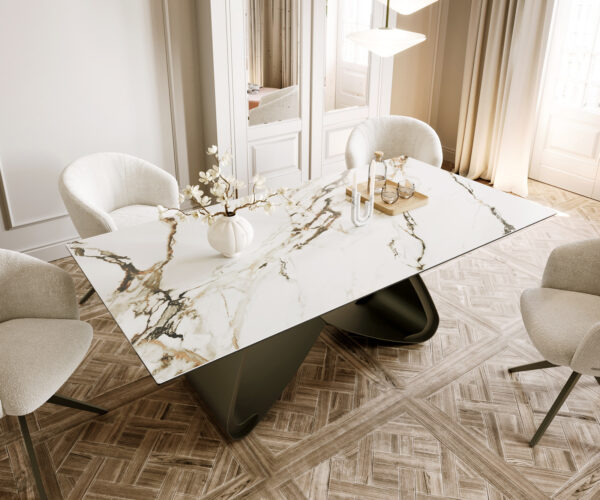 Étkezőasztal Edge hajóformájú 200x100 cm kerámia Calacatta Luxe fehér arany szürke W alakú fém láb titán effekt felület - Image 4