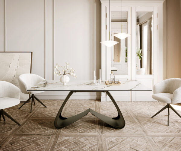 Étkezőasztal Edge hajóformájú 200x100 cm kerámia Calacatta Luxe fehér arany szürke W alakú fém láb titán effekt felület - Image 2