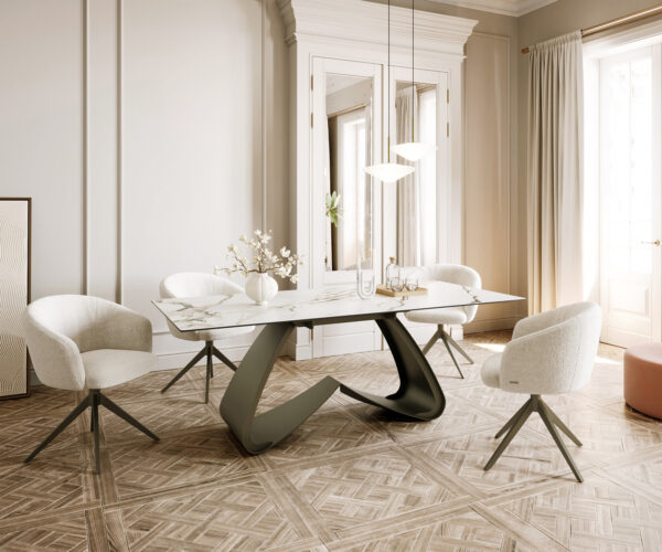 Étkezőasztal Edge hajóformájú 200x100 cm kerámia Calacatta Luxe fehér arany szürke W alakú fém láb titán effekt felület - Image 6