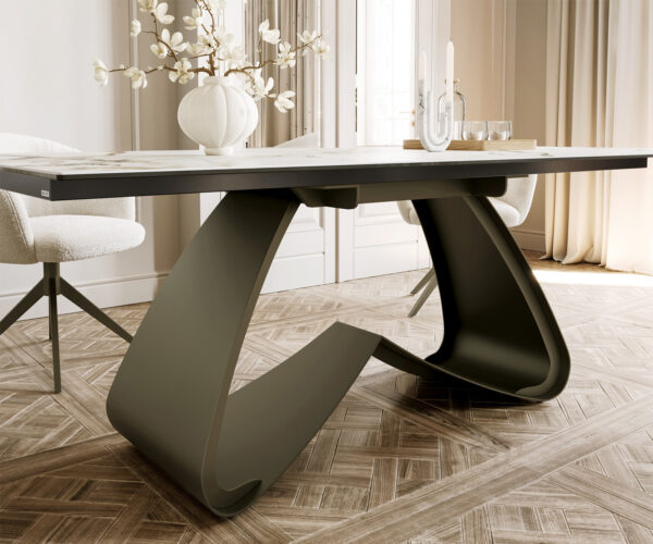 Étkezőasztal Edge hajóformájú 200x100 cm kerámia Calacatta Luxe fehér arany szürke W alakú fém láb titán effekt felület - Image 7