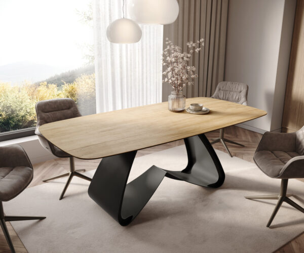 Étkezőasztal Edge hajóformájú 200x100 cm Laminam® Sabbia kerámia tölgyszínű W alakú fém láb fekete