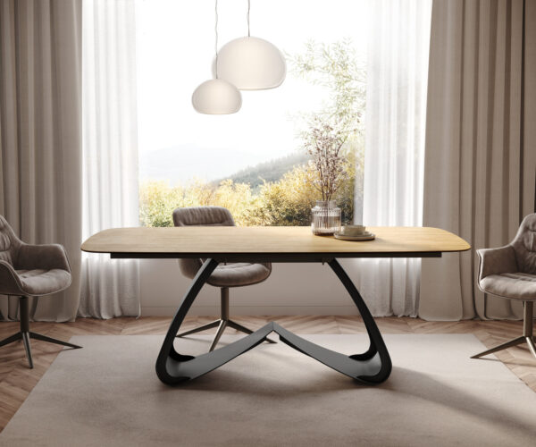 Étkezőasztal Edge hajóformájú 200x100 cm Laminam® Sabbia kerámia tölgyszínű W alakú fém láb fekete - Image 2