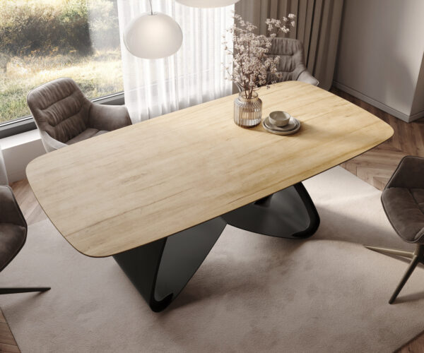 Étkezőasztal Edge hajóformájú 200x100 cm Laminam® Sabbia kerámia tölgyszínű W alakú fém láb fekete - Image 4