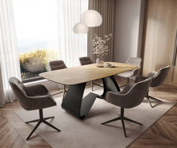 Étkezőasztal Edge hajóformájú 200x100 cm Laminam® Sabbia kerámia tölgyszínű W alakú fém láb fekete - Image 7