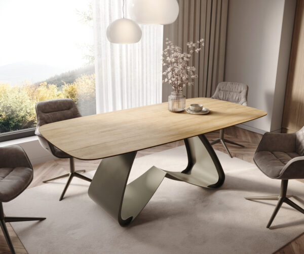 Étkezőasztal Edge hajóformájú 200x100 cm Laminam® Sabbia kerámia tölgyszínű W alakú fém láb titán effekt felület