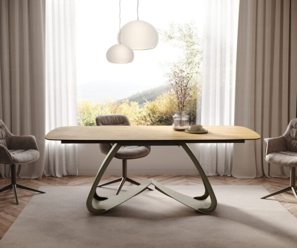 Étkezőasztal Edge hajóformájú 200x100 cm Laminam® Sabbia kerámia tölgyszínű W alakú fém láb titán effekt felület - Image 2