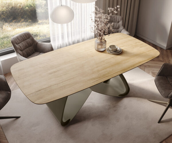 Étkezőasztal Edge hajóformájú 200x100 cm Laminam® Sabbia kerámia tölgyszínű W alakú fém láb titán effekt felület - Image 4