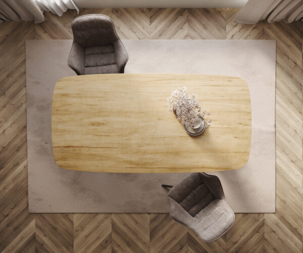 Étkezőasztal Edge hajóformájú 200x100 cm Laminam® Sabbia kerámia tölgyszínű W alakú fém láb titán effekt felület - Image 6