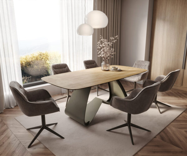 Étkezőasztal Edge hajóformájú 200x100 cm Laminam® Sabbia kerámia tölgyszínű W alakú fém láb titán effekt felület - Image 7
