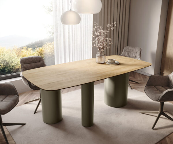 Étkezőasztal Edge hajóformájú 200x100 cm Laminam® Sabbia kerámia tölgyszínű Troa fém titán effekt felület