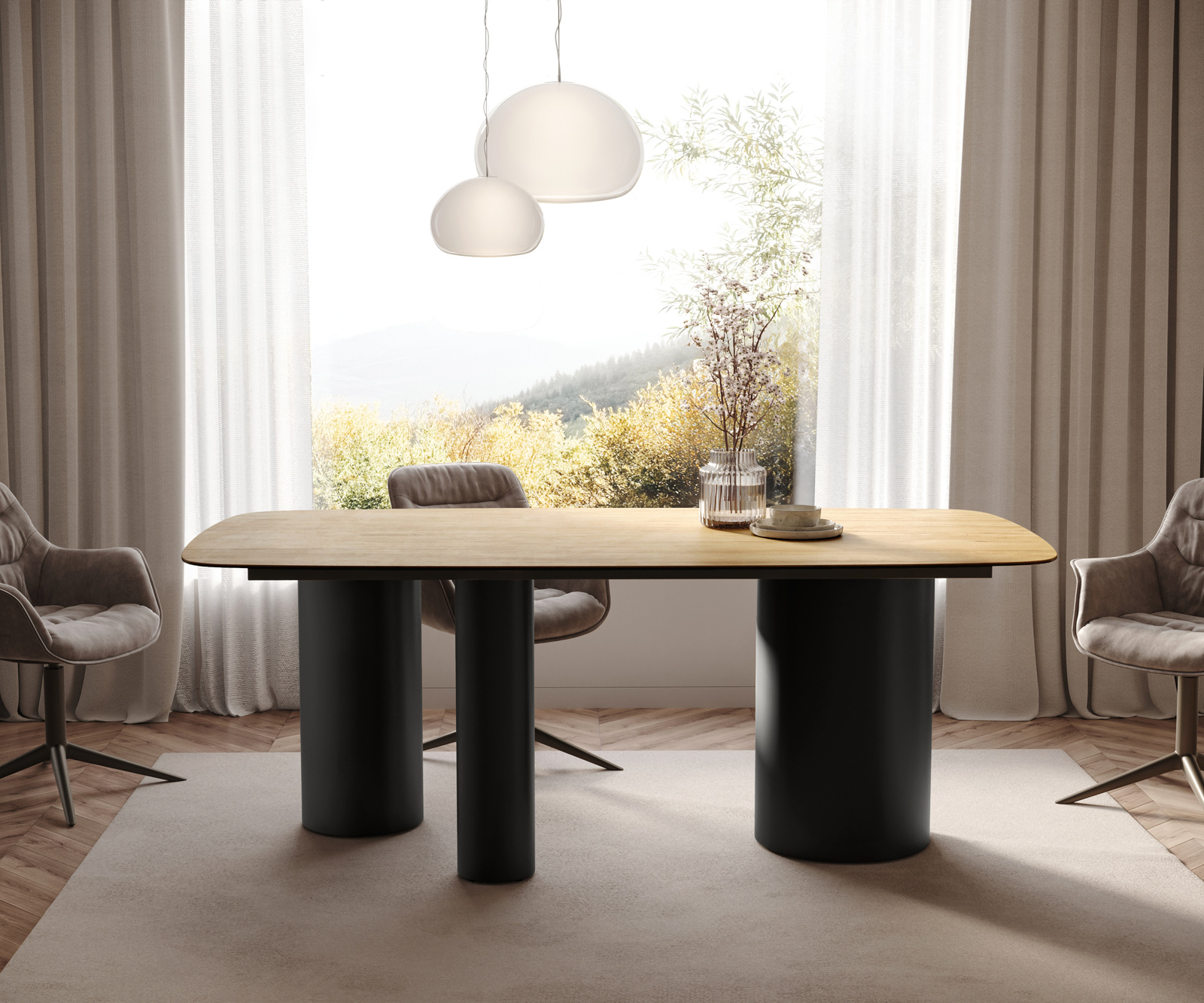 Étkezőasztal Edge hajóformájú 200x100 cm Laminam® Sabbia kerámia tölgyszínű Troa fekete fém - Image 2