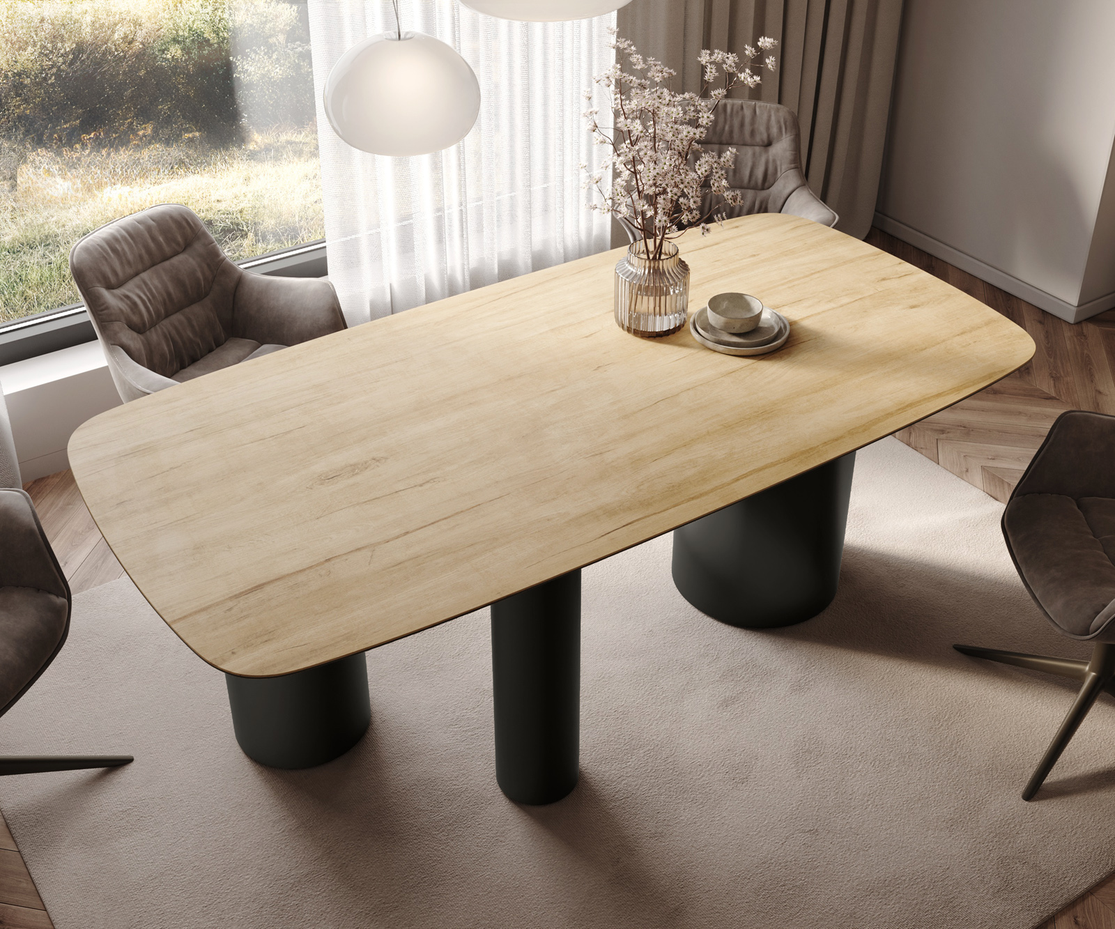 Étkezőasztal Edge hajóformájú 200x100 cm Laminam® Sabbia kerámia tölgyszínű Troa fekete fém - Image 4