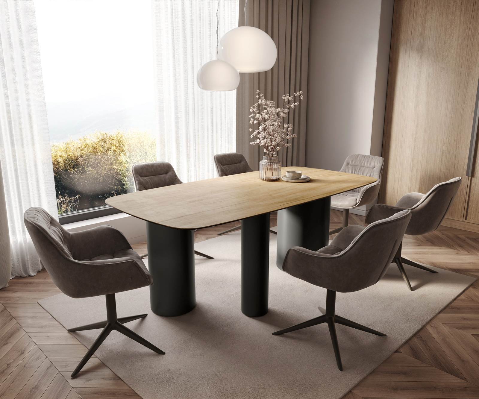 Étkezőasztal Edge hajóformájú 200x100 cm Laminam® Sabbia kerámia tölgyszínű Troa fekete fém - Image 7