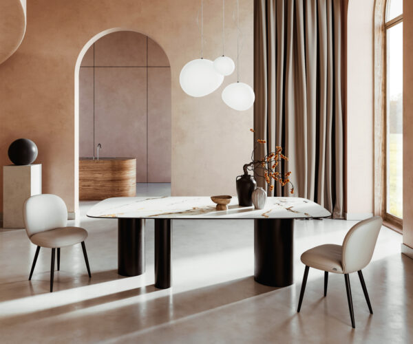 Étkezőasztal Edge hajóformájú 240x120 cm Calacatta Luxe kerámia fehér arany szürke Troa fém fekete