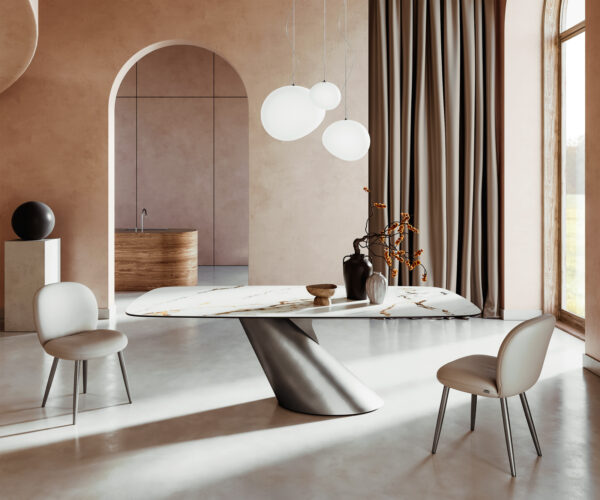 Étkezőasztal Edge hajóformájú 240x120 cm Calacatta Luxe kerámia fehér arany szürke Cono metál ezüst