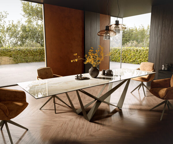 Étkezőasztal Edge 300x100 kerámia Laminam® Onice Oro pókláb fém titán effekt felület