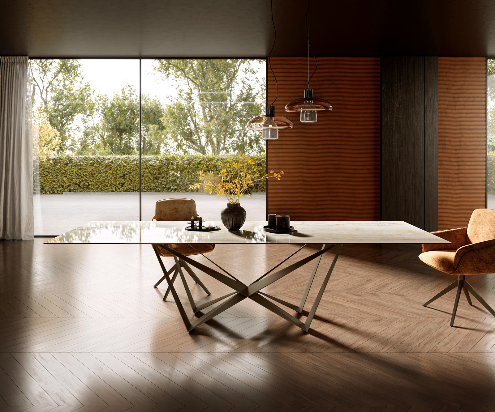 Étkezőasztal Edge 300x100 kerámia Laminam® Onice Oro pókláb fém titán effekt felület - Image 2