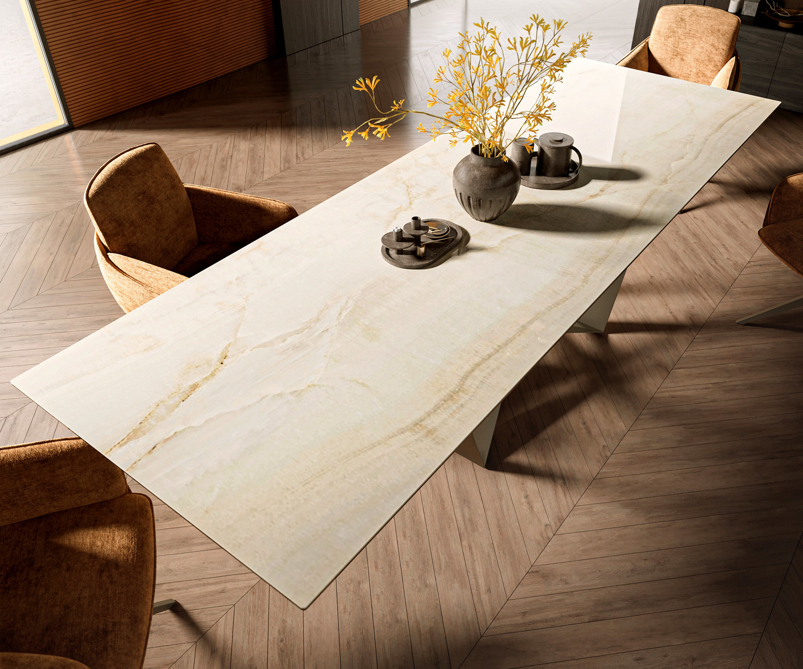 Étkezőasztal Edge 300x100 kerámia Laminam® Onice Oro pókláb fém titán effekt felület - Image 4