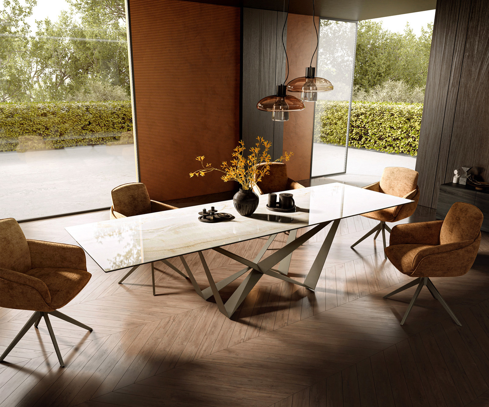 Étkezőasztal Edge 300x100 kerámia Laminam® Onice Oro pókláb fém titán effekt felület - Image 7