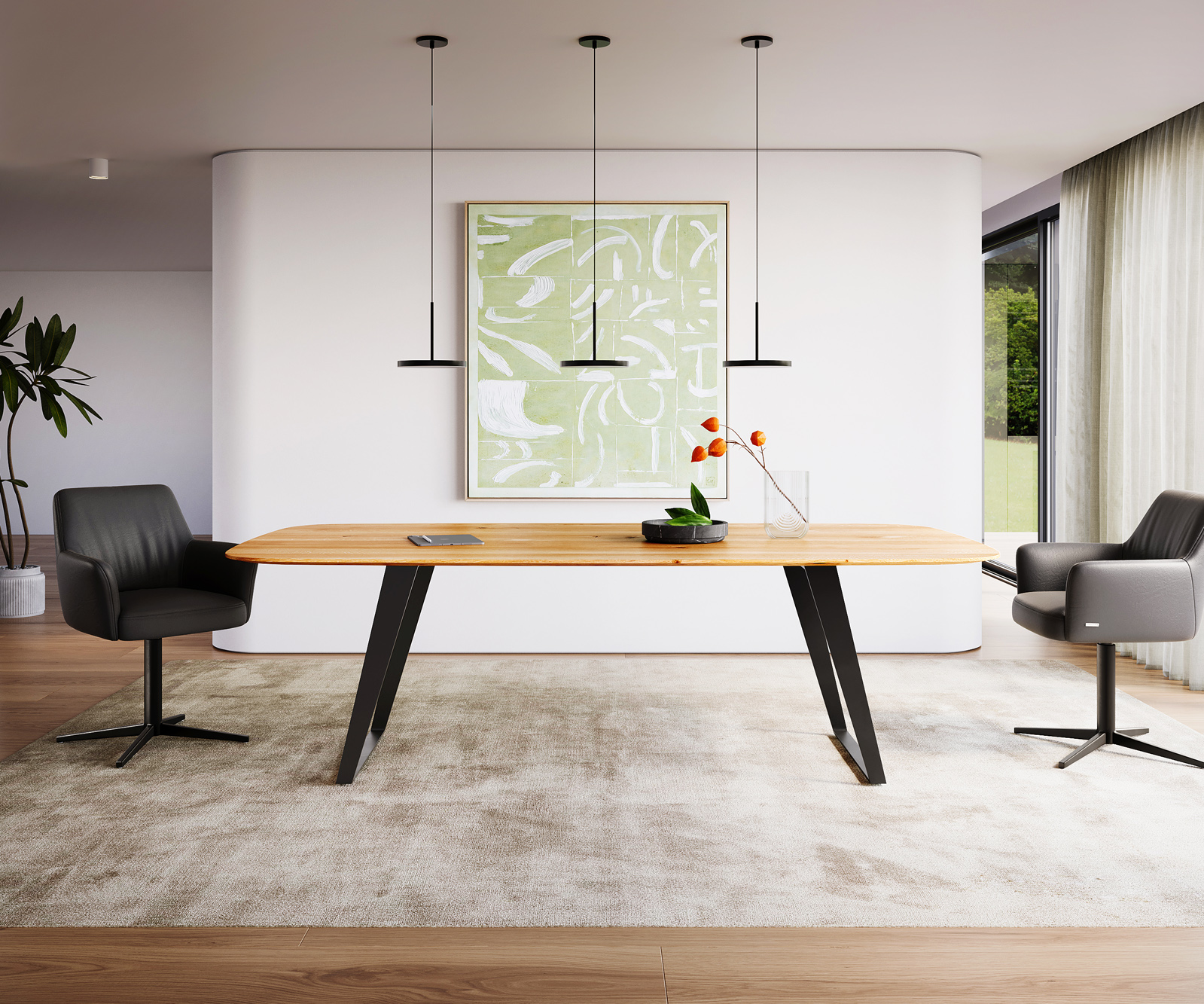 Étkezőasztal Edge hajóformájú 240x120x2,5-3 tölgy természetes fém ferde fekete svájci él - Image 2