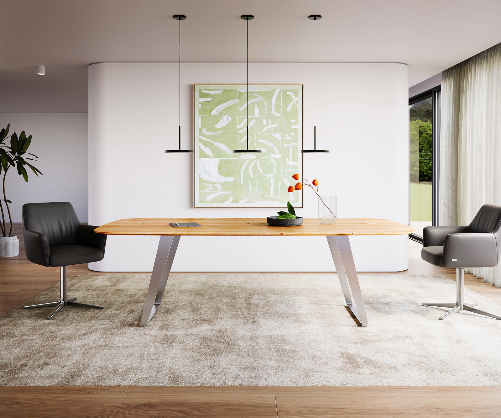 Étkezőasztal Edge hajóformájú 240x120x2,5-3 tölgy természetes rozsdamentes acél ferde svájci él - Image 2